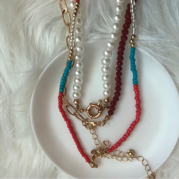 Super cute red/white/gold/blue layering necklace set - Picture 4 of 8